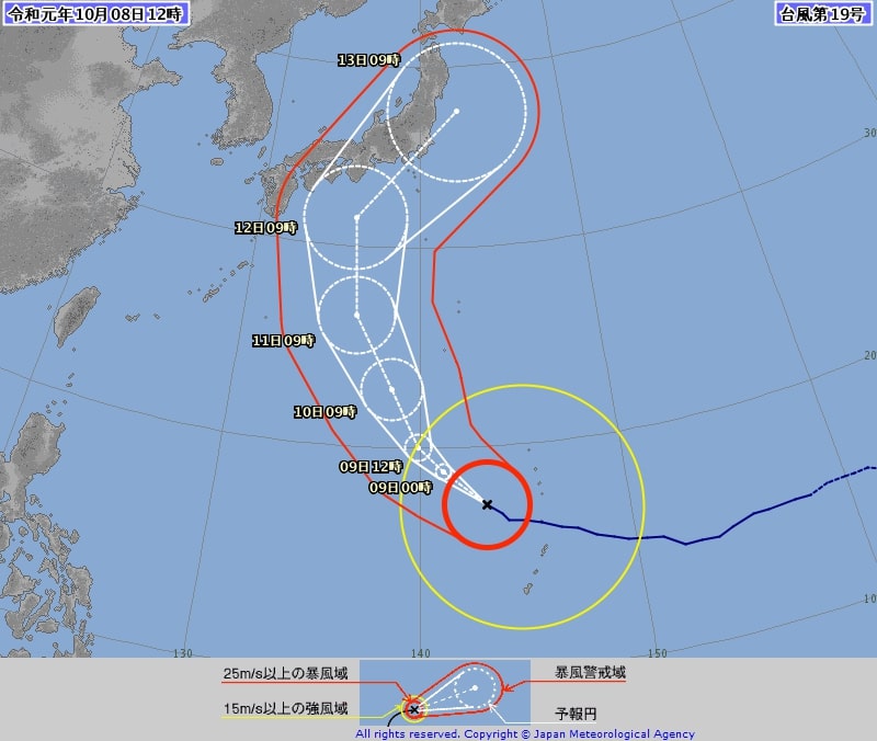第19號颱風航向預報（截至10月8日12:00）