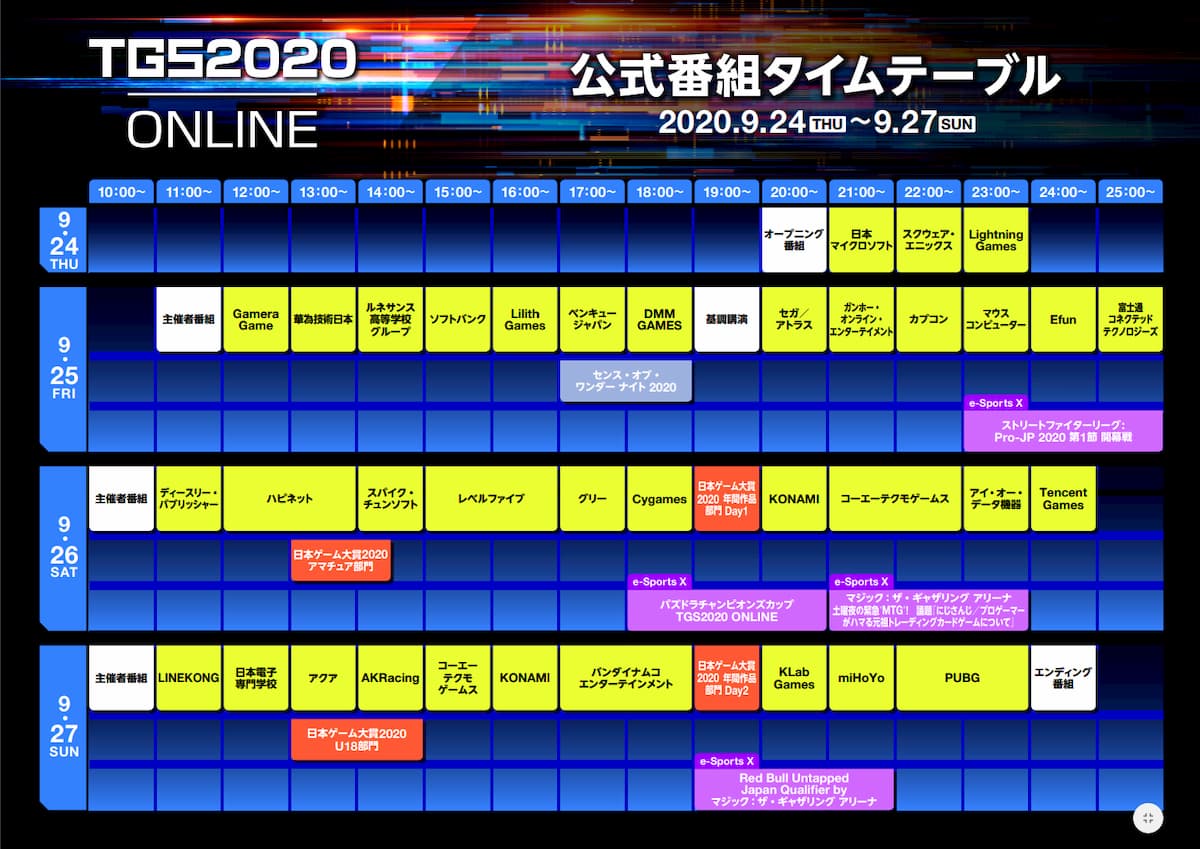 "東京ゲームショウ2020 オンライン"公式番組タイムテーブル