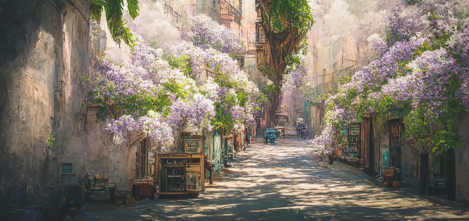 紫藤盛開的城市景觀AI圖片素材
